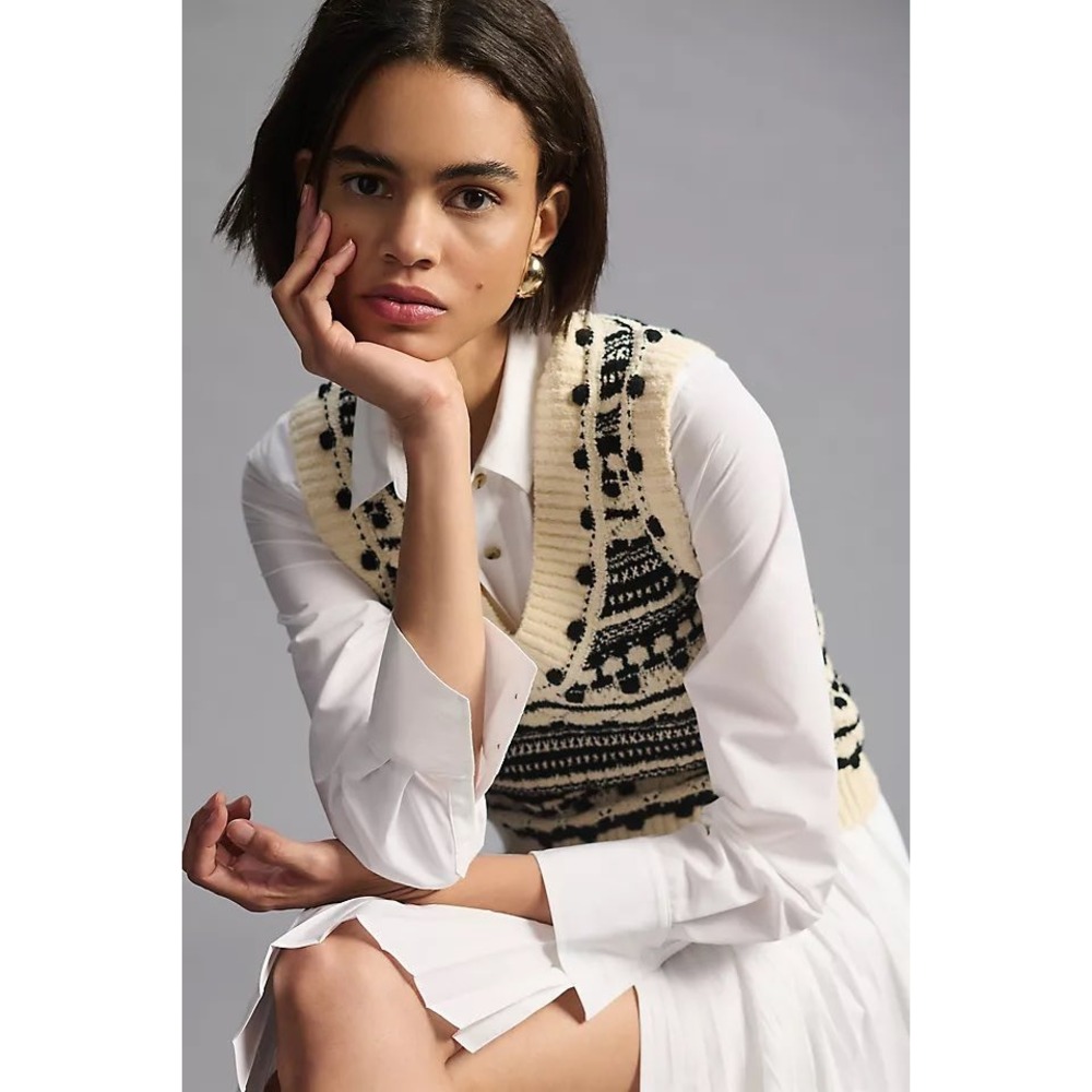 Pilcro Anthropologie Black Cream Fair Isle Pom Pom Knit Cropped Sweater Vest S
